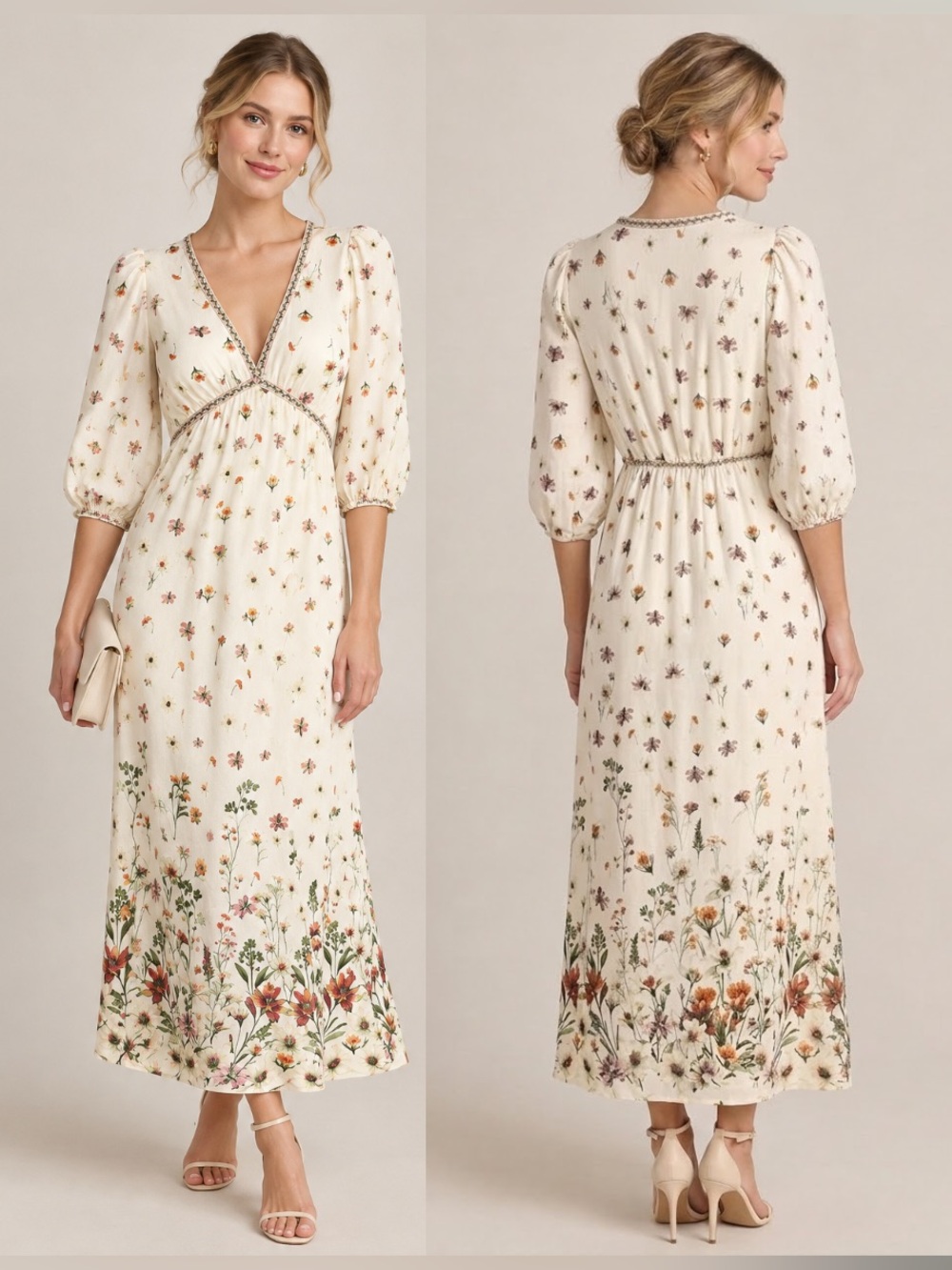 Linen Floral Midi Dress Puff Sleeves Beige Cottagecore Milkmaid Modest Garden XS
